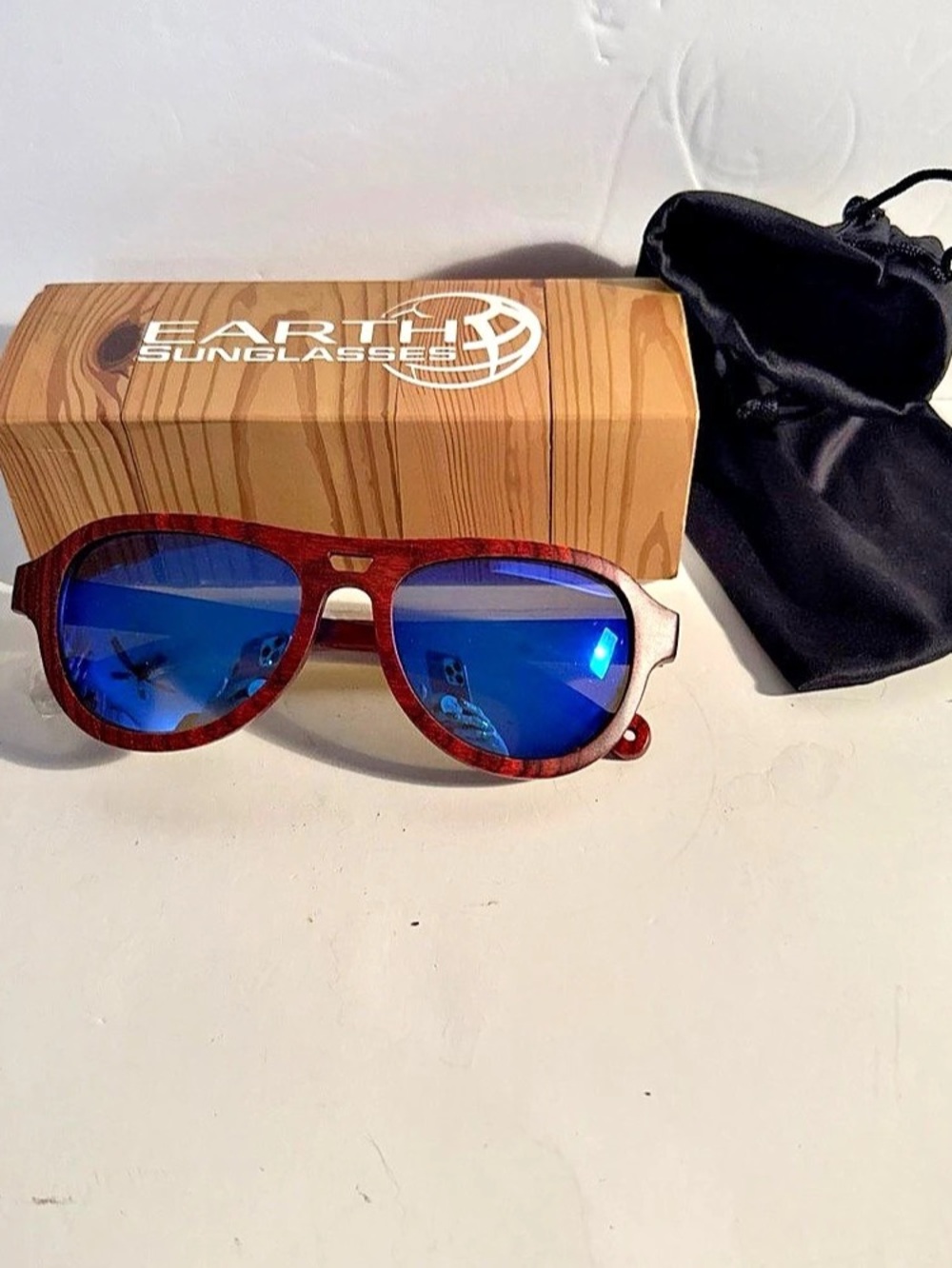 Earth Wood Coronado Sunglasses Red Striped Wood Frame Blue TCA Lens NWT